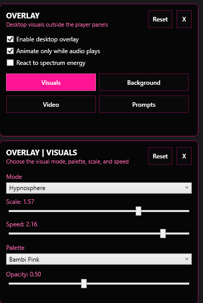 Build layered sessions with videos, random clips from a local folder, hypnosphere visuals, timed prompts, and audio-reactive motion over your hypno audio. Add video sound when you want it, keep hypnosis audio in the player, and use the scene extractor to cut longer videos into just the clips you like.