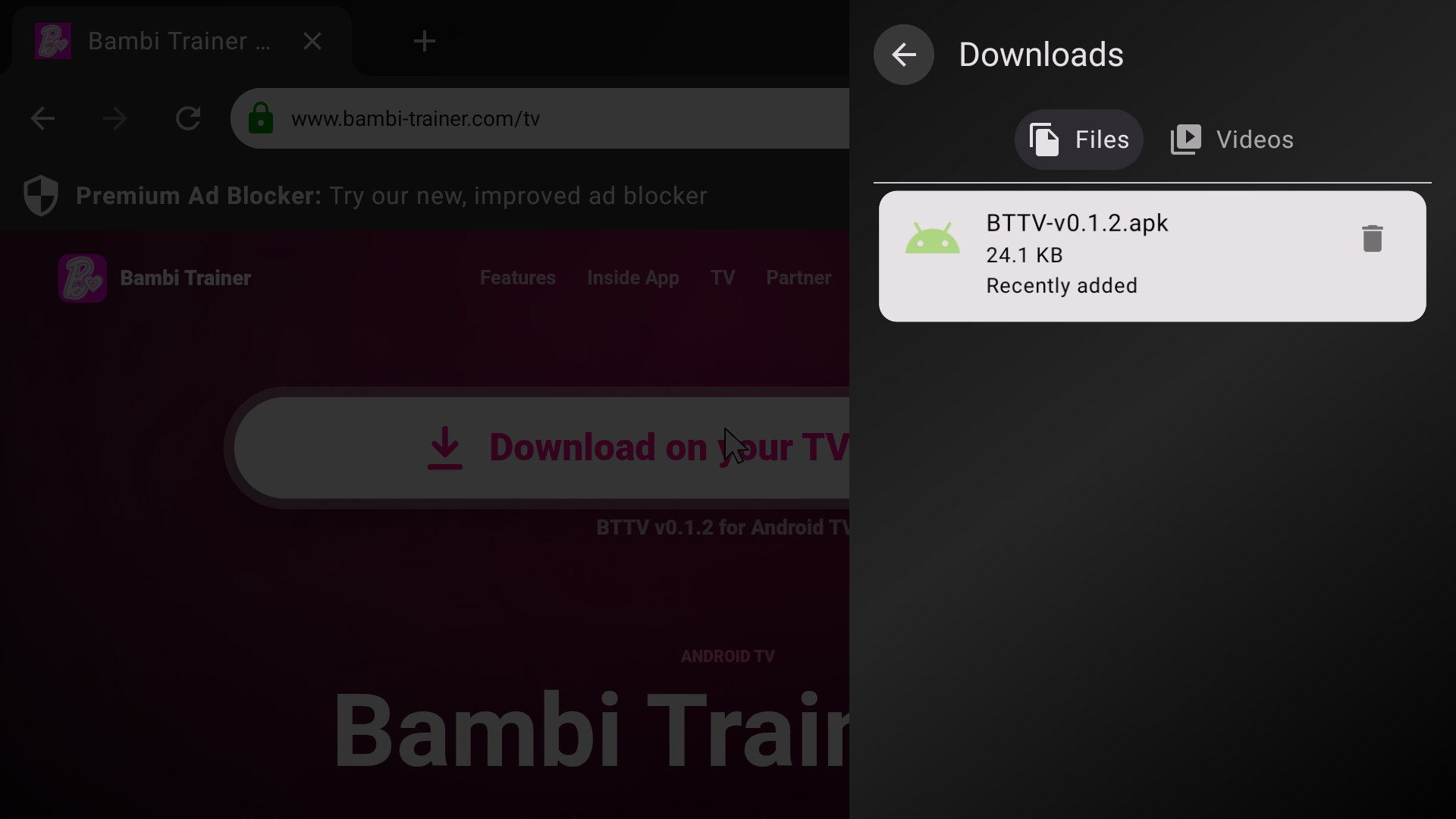 Bambi Trainer TV APK downloaded in the TV browser downloads panel
